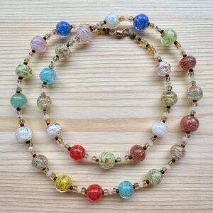 Vintage Multicolor Gold Flecked Art Glass Beaded Necklace, 12k GF Clasp 28 Inch